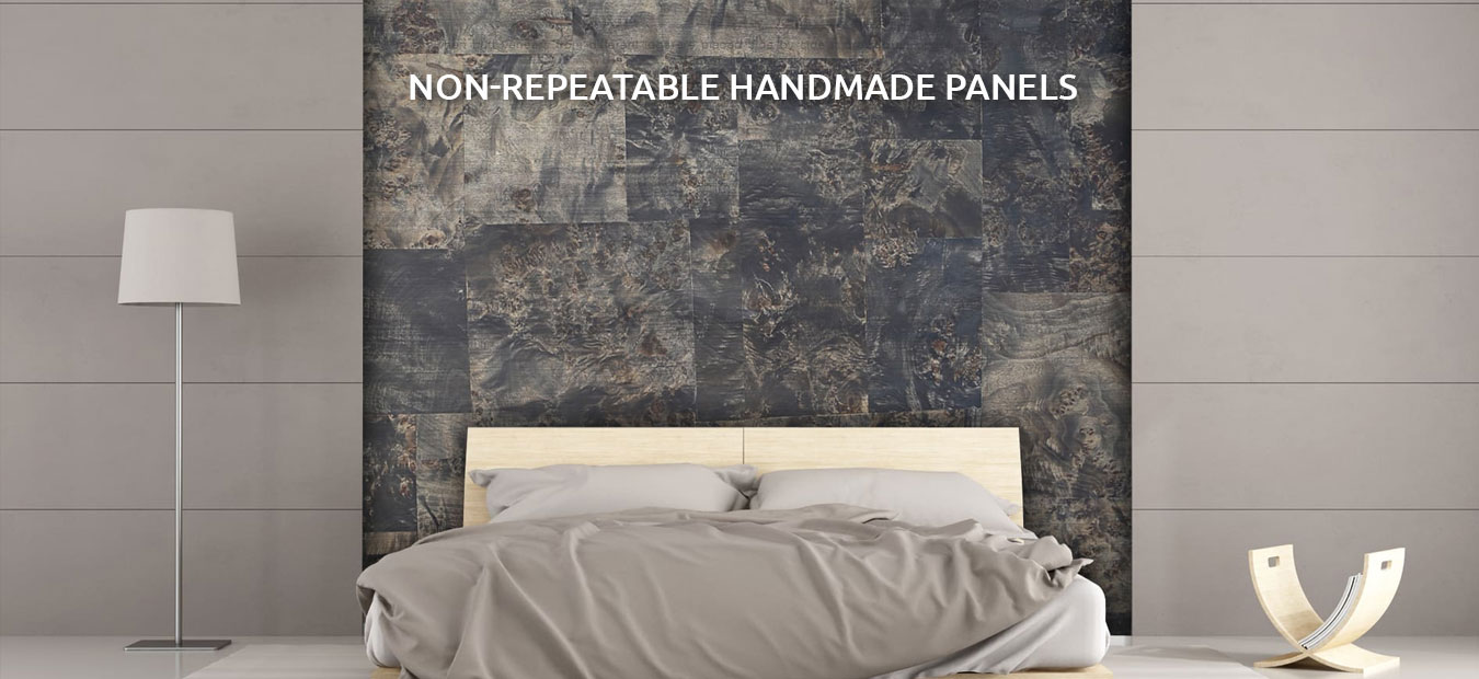 Stone veneer sheets with non-repeatable handmade panels for interior wall cladding